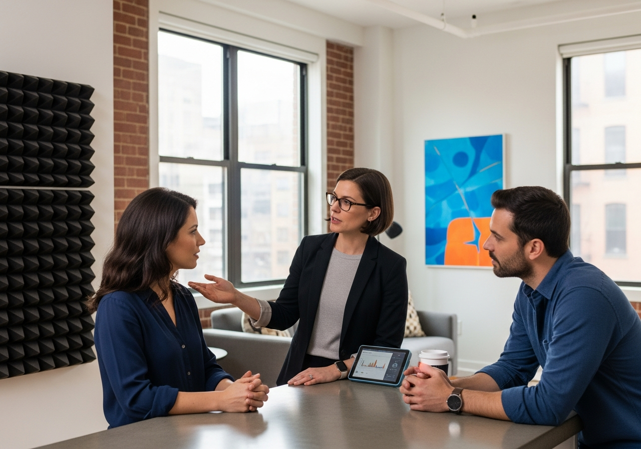 Soundproofing consultant discussing acoustic solutions with homeowners in a treated room.